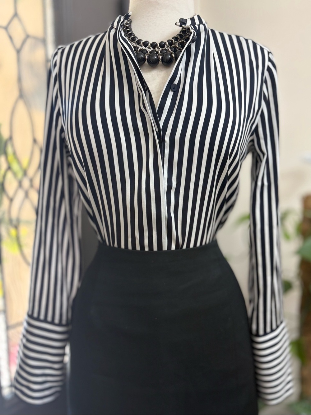 H&M Black and White Vertical Stripe Silky Button-Down Blouse